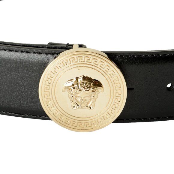 Versace Black 100%Leather Light Gold Medusa Head Logo Decorated Belt US 32 IT 80